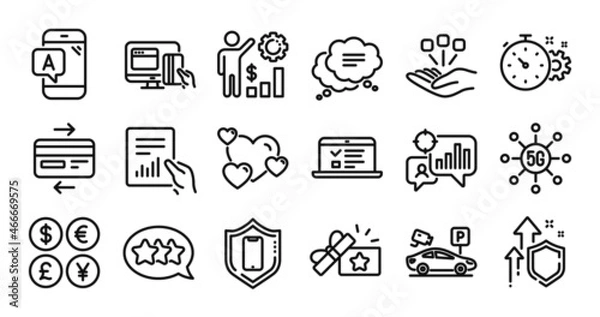 Fototapeta Web lectures, Heart and Credit card line icons set. Secure shield and Money currency exchange. 5g technology, Employees wealth and Smartphone protection icons. Vector