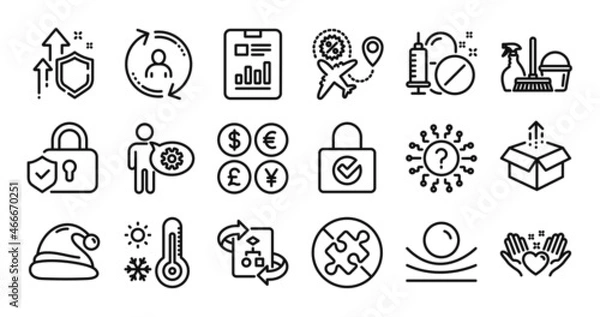 Fototapeta Report document, Cogwheel and Hold heart line icons set. Secure shield and Money currency exchange. Elastic material, Question mark and Weather thermometer icons. Vector