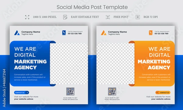 Obraz Digital Marketing agency social media post template. Social media ads vector templates fully editable, advertising design, digital marketing and corporate social media Instagram post and web banner