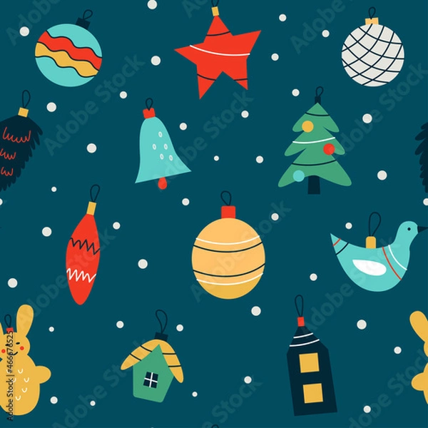 Fototapeta Seamless pattern with colorful Christmas tree toys. Design for fabric and paper, surface textures.
