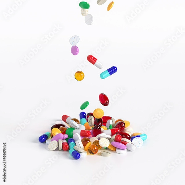 Fototapeta Different tablets and pills falling from above in a heap on a white background. Production of drugs. Medical theme. 3d rendering. 