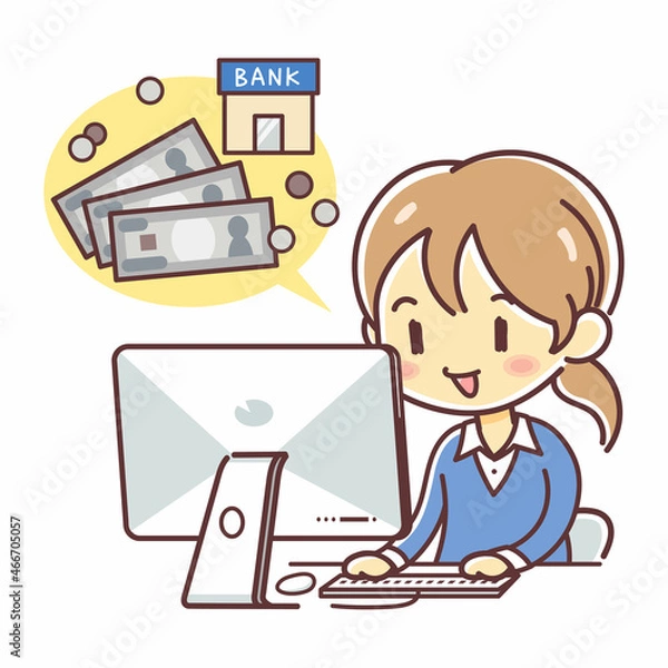 Obraz パソコンからネットバンキングを利用する女性のイラスト