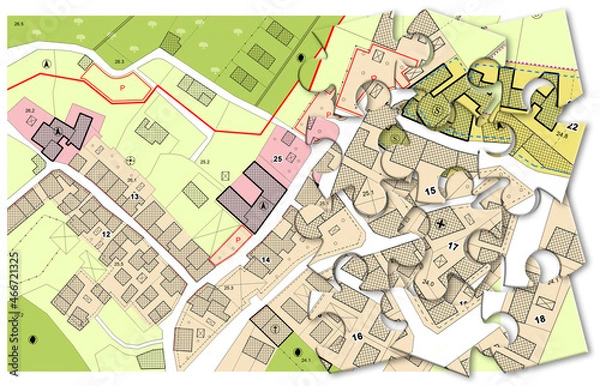 Fototapeta Imaginary General Urban Plan with indications of urban destinations with buildings, roads, buildable areas and land plot - Problems and solutions concept in jigsaw puzzle shape