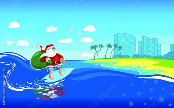 Fototapeta Santa Surfing on Wave Beach Hotel Approaching
