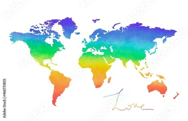 Fototapeta Watercolor world map isolated on white. Rainbow gradient world, LGBT symbol