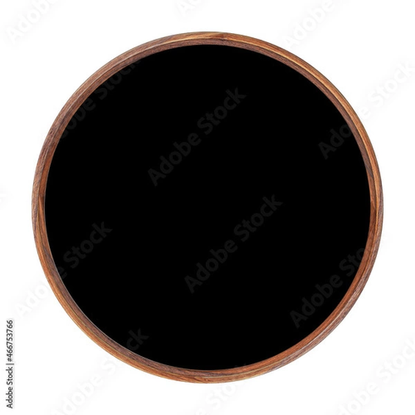 Fototapeta Wooden frame. Empty wooden frame with white blank backing board on black background. Round frame. Empty frame. The layout of the sign.