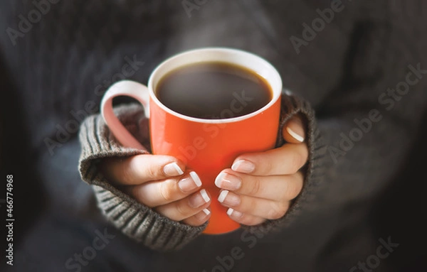 Obraz Beautiful hands of a young girl, with a red cup, the concept of a winter morning. A girl in a warm knitted cardigan holds a red mug with a hot drink in her hands. The concept of comfort, warmth.