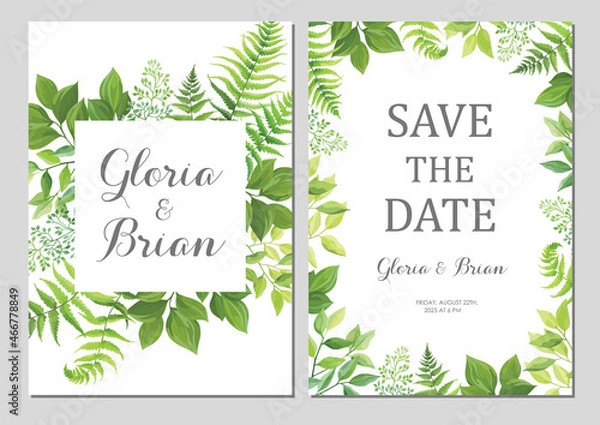 Fototapeta Wedding invitation with green leaves border. Invite card with place for text. Frame with forest herbs. Vector illustration.