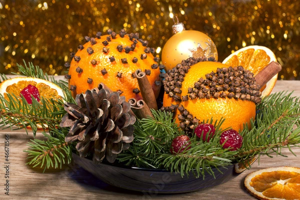 Obraz Christmas decorative composition with orange pomanders close ap
