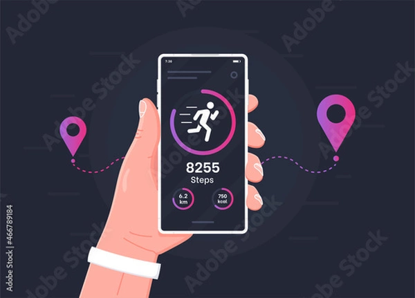 Obraz Pedometer concept.Fitness tracking app on mobile phone screen illustration flat cartoon style, smartphone with run tracker, running or walk steps counter sport tech on cellphone. Vector illustration.