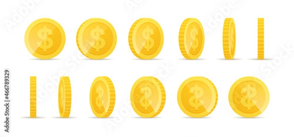 Obraz Gold coins in different positions. Set of rotating gold coins. Golden money set. Golden shiny cash coin, jackpot coin dollar, gold treasure prize, golden money vector illustration icons set.