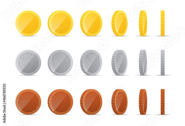 Obraz Blank set of coins. Realistic template. 3D gold, silver, bronze vector coin. Investment, web, bingo, jackpot, casino, poker, game app Interface Concept. Coin Icon, Sign, Banking Cash Symbol.