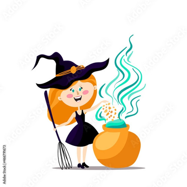 Fototapeta Illustration of a kid dressed as a Witch cartoon style. Halloween vector illustration