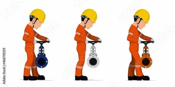 Fototapeta Set of worker is operating valve on white background