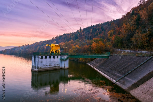 Fototapeta Water dam infrasturcture in Tresna, Silesia, Poland. Beautiful, evening in polish mountains Beskidy.