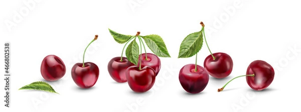 Obraz Realistic cherry with fresh leaves, red juicy on a white background for design.
