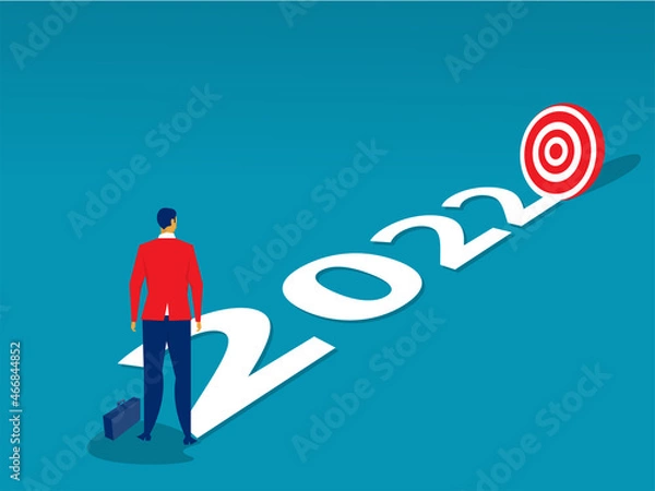 Fototapeta Businessman looking 2022 years go to goal or target plan further concept Flat Vector cartoon illustration.