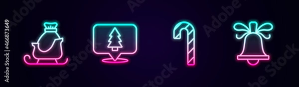 Fototapeta Set line Christmas santa claus sleigh, tree, Candy cane with stripes and ringing bell. Glowing neon icon. Vector