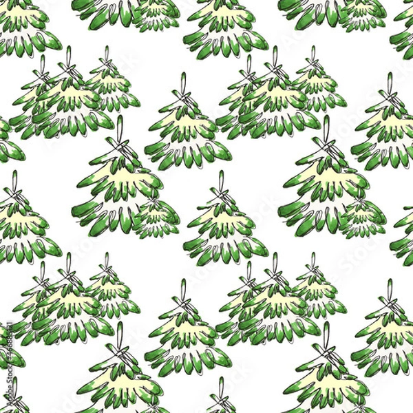 Fototapeta Winter seamless pattern with Christmas tree covered with snow. Coniferous forest. Christmas decorations. for pattern, packaging, kraft paper, wallpaper