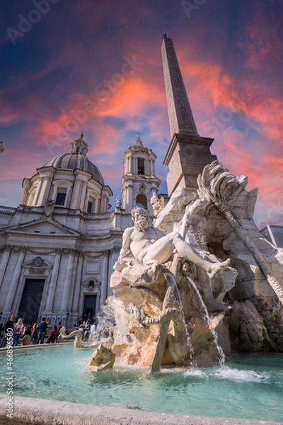 Obraz Statua e fontana in piazza navona con la chiesa di santa agnese in agone, roma