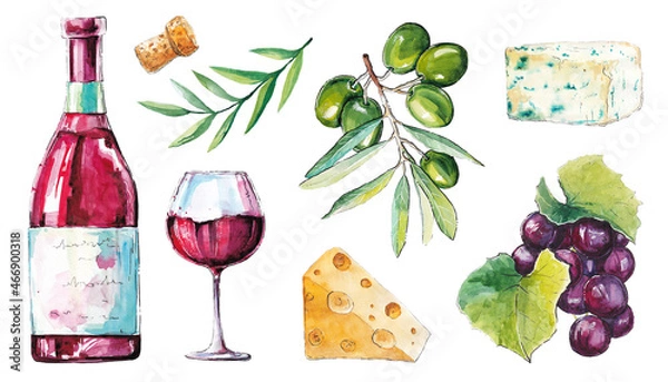 Fototapeta Hand-drawn watercolor sketches of red wine rolls, glasses of grapes. cheese, olives on an isolated white background
