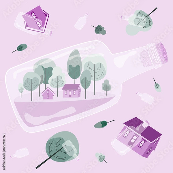 Fototapeta Village, houses and trees in bottle in green, violet, purple colors vector illustration