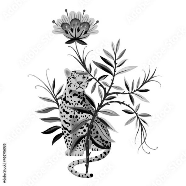 Fototapeta Tropical illustration with exotic animal isolated on white. Artwork made of tiger and abstract fantasy blossom flower. Black and white nature wildlife drawing.