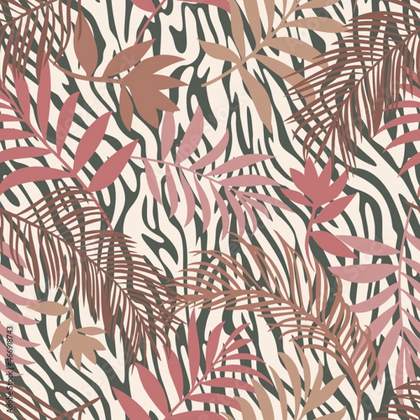 Obraz Botanical seamless pattern mixed with tiger zebra stripes skin texture. Hand drawn fantasy exotic sprigs and leafage. Floral background made of herbal foliage leaves for fashion, textile, fabric.