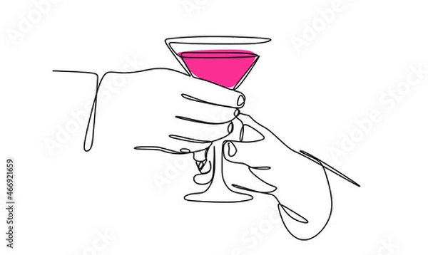 Fototapeta continuous drawing with one line in a man's hand and a woman's boho-style glass
