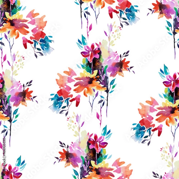 Fototapeta Abstract watercolor florals in bloom. Seamless pattern made of blurred flowers isolated on white. Summer nature background made of bouquets of garden flowers and plants. Design for fabric and textile.