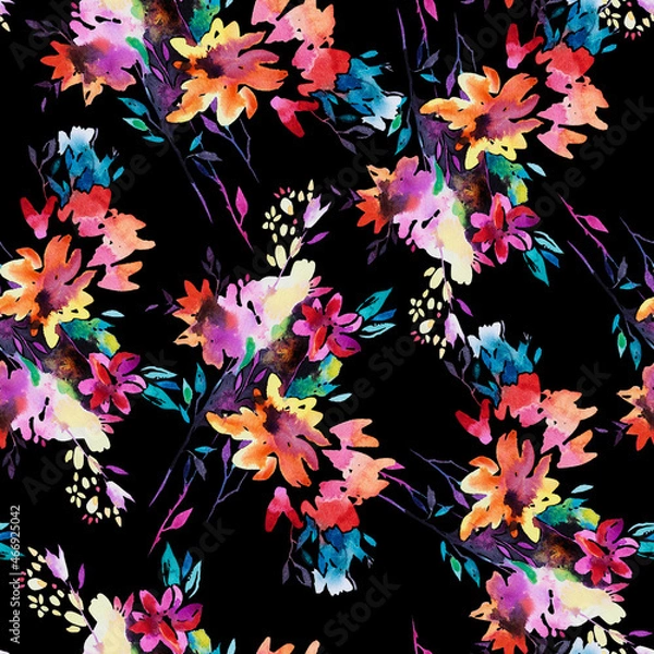 Fototapeta Abstract watercolor florals in bloom. Seamless pattern made of blurred flowers. Summer nature background made of bouquets of garden flowers and plants. Fashion design for fabric and textile, wrapping.