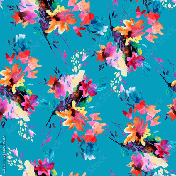 Fototapeta Abstract watercolor flowers in bloom. Seamless pattern made of blurred flowers. Summer nature background made of bouquets of garden flowers, herbs and plants. Fashion design for fabric and textile.