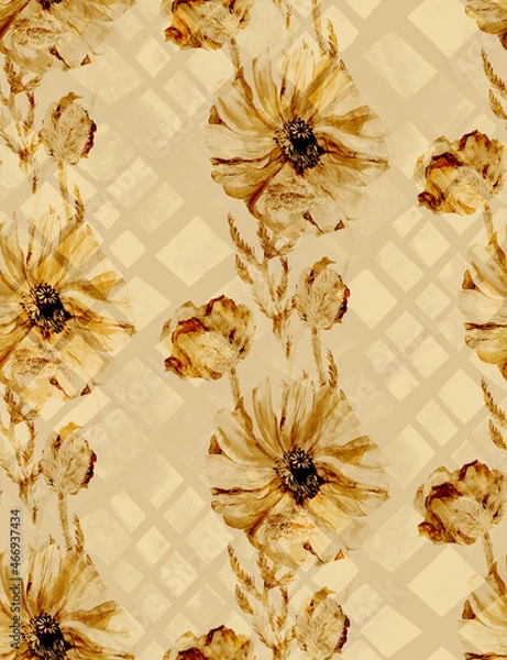 Obraz Monochrome Seamless pattern with vertical poppy flowers in beige shades painted in watercolor for wallpaper and surface design
