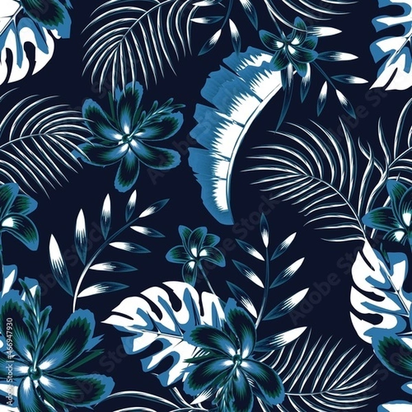 Fototapeta vintage seamless background vector design with light tropical monstera palm leaves and plants foliage on dark background. vector design. Exotic tropics. Summer design. print texture. jungle . forest. 
