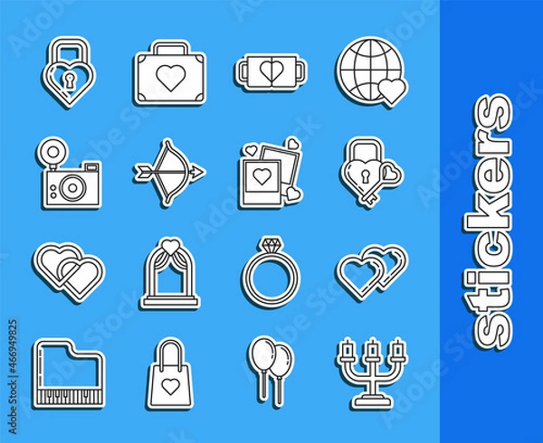 Fototapeta Set line Candlestick, Two Linked Hearts, Castle the shape of heart key, coffee cup, Bow arrow, Photo camera, and blanks photo frames hearts icon. Vector