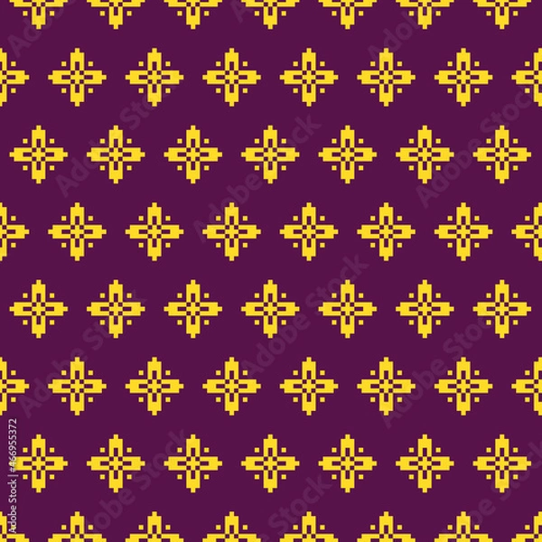 Fototapeta simple vector pixel art multicolored seamless pattern of golden ethnic abstract diagonal floral patterns on a purple background