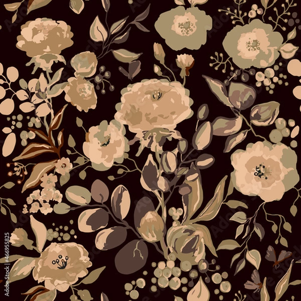 Fototapeta Seamless watercolor pattern with beige peonies and roses on dark background, Vector Illustration on a light background. Trendy floral texture, print