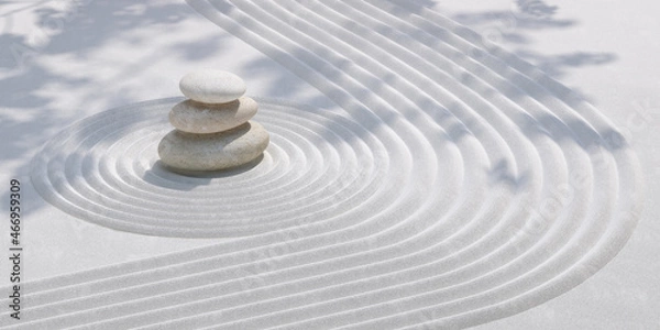 Obraz Minimalne abstrakcyjne tło w stylu japońskiego. Zen Garden and Stone Bilans z białym piaskiem. do prezentacji kosmetycznej i produktu. Ilustracja renderowania 3D.