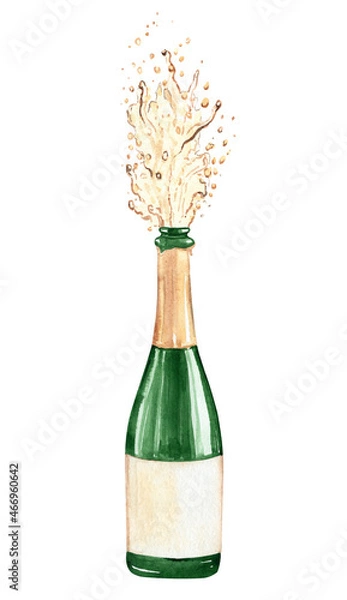 Fototapeta Watercolor splashing champagne bottle isolated on white background
