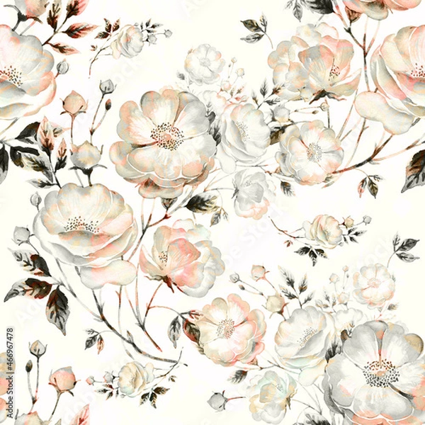 Fototapeta Abstract seamless print beautiful wild roses drawn in paints. Beautiful print for decoration of textiles and design. Flower background. Art drawing for surface. Tenderness decor.