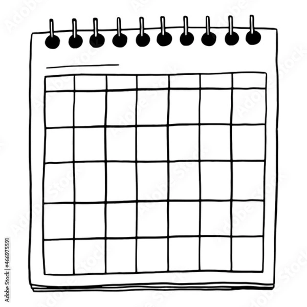 Obraz Wall calendar blank template in doodle style. Clip art for planning, diary, sticker. Hand drawn vector design element. Black ink contour drawing isolated on white background. Retro sketch style.