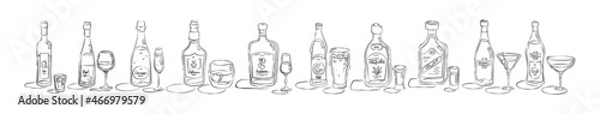 Fototapeta Bottle and glass vodka, wine, champagne, whiskey, liquor, beer, tequila, rum, martini, vermouth in hand drawn style. Beverage outline icon in row. Line art sketch on white background