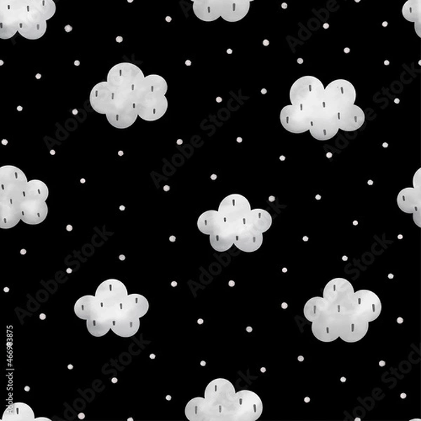 Fototapeta Scandinavian monochrome childish seamless pattern with abstract clouds and stars vector illustration isolated on black background.