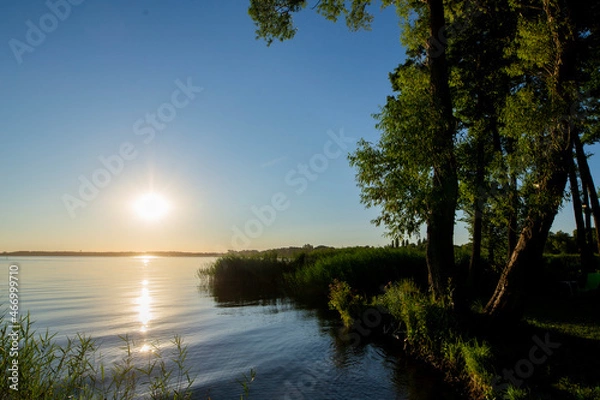 Fototapeta Zachód słonca na mazurach, słońce nad jeziorem, Mazurskie jeziora, Mazurskie jezioro, Szuwary, Jeziora, Woda