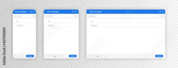 Obraz Email interface for different device. Mail window for mobile phone, tablet and computer, internet message isolated frame, blank email. Modern flat style vector illustration