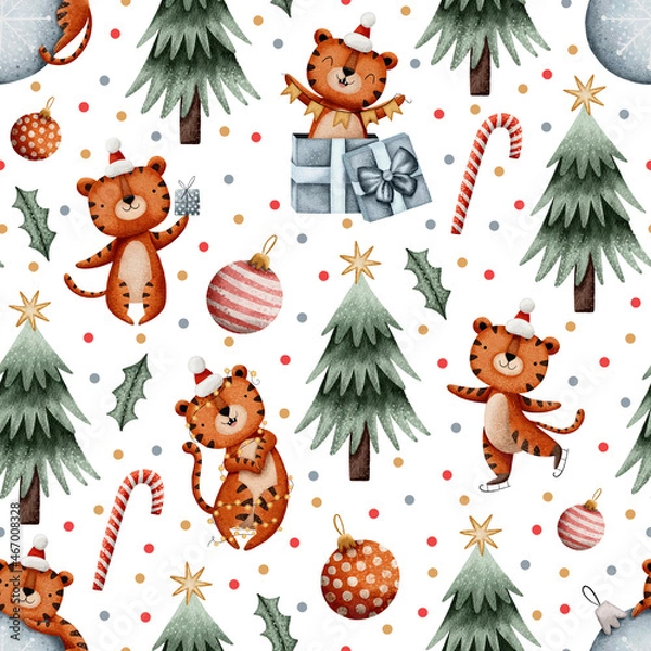 Fototapeta Christmas seamless pattern with tiger, trees, christmas ball, present and dots.
