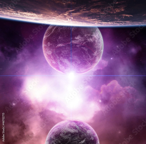 Obraz Planet with violet nebula and rising Star