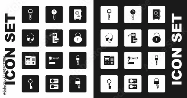 Fototapeta Set Safe, Digital door lock, Broken cracked, Key, Lock, Undefined key, Locked and House intercom system icon. Vector