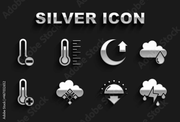Fototapeta Set Cloud with snow, rain, and lightning, Sunset, Meteorology thermometer, Moon, and icon. Vector
