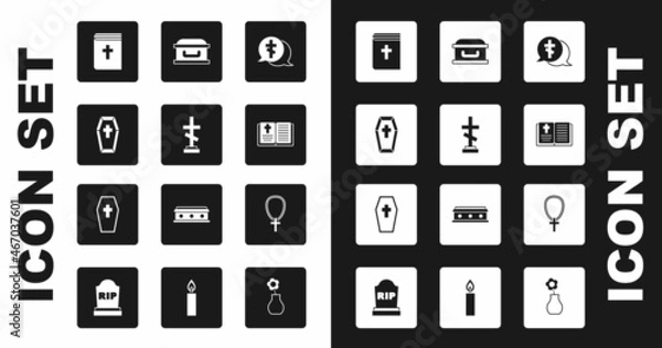Fototapeta Set Grave with cross, Coffin, Holy bible book, Christian on chain and icon. Vector